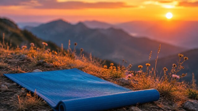 A blue rubber fitness mat lies on a grassy hilltop. Orange light glows behind hazy mountain silhouettes