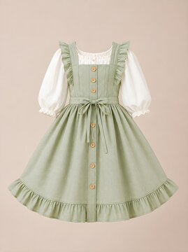 Sage green toddler girl dress, cute vintage pinafore dress with white blouse and wooden buttons, isolated on neutral background
