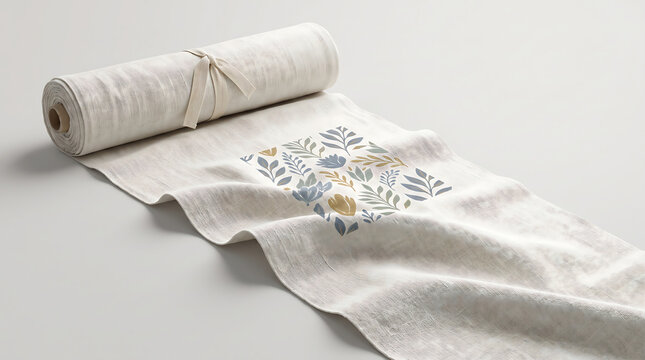 A roll of natural beige linen fabric featuring a decorative blue and gold floral pattern design transparent background