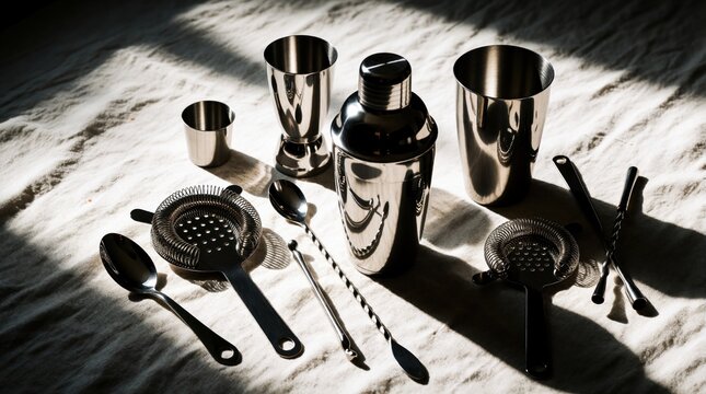Shiny metal bar tools on cloth shaker, strainer, jigger, spoon. Professional mixology kit for making cocktails at home or bar. Essential for drinks.