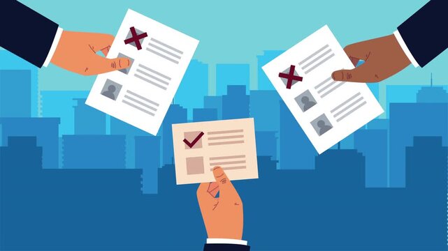 Diverse hands casting votes on city skyline background animation, election day concept with choices and decisions motion graphic.