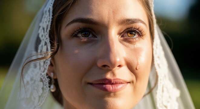 Crying bride with tear on cheek smiling during wedding ceremony. Crying bride feels intense happiness and love while wearing white lace veil. Concept crying bride for emotional marriage stories.