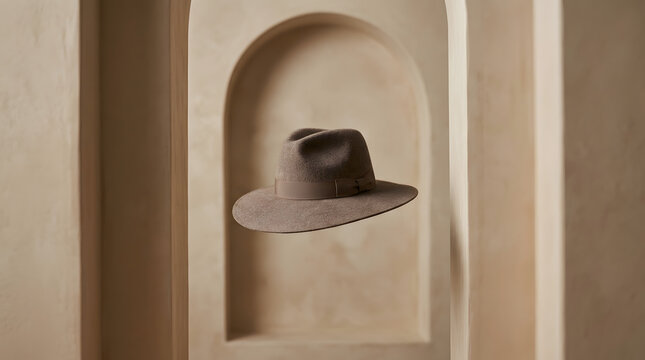 Felt fedora hat floating in front of wall niche