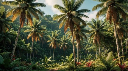 Naklejka premium Dense tropical jungle with tall palm trees and lush green vegetation creates a vibrant, exotic natural landscape. A path winds through the foliage, inviting exploration into this tranquil paradise.