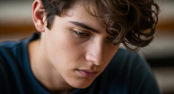 Pensive teenager looks down with sad expression and curly hair in intimate close up portrait of emotion. Pensive teenager experiences melancholy feelings and deep thoughts.