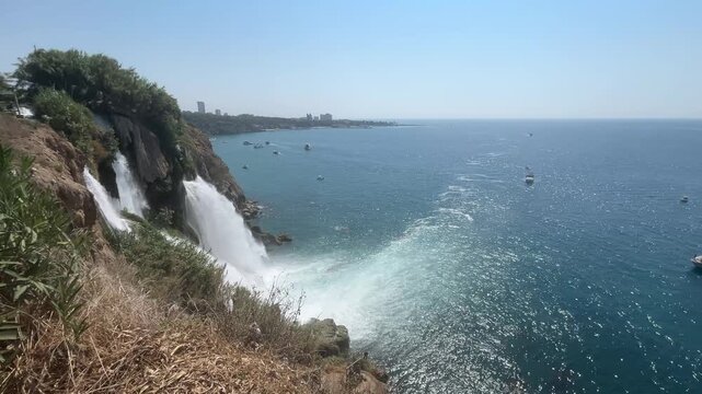 Wide View of Lower Duden Waterfall and Mediterranean Sea in Antalya
