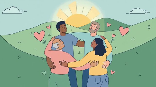Diverse people hugging together outdoors in a sunny meadow with floating hearts