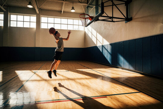 Teenager jumps high in air on basketball court holding ball ready to score. Young athlete practices shooting hoop in indoor gym. Sunlight streams through windows.