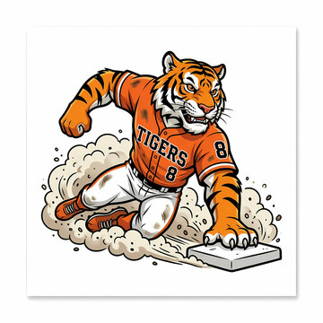 Athletic orange tiger mascot wearing a baseball uniform sliding into a base on the field while kicking up clouds of dirt during a competitive game to score a run for the home team squad victory