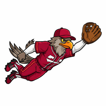 Eagle mascot athlete wearing professional team gear diving to make a difficult catch on the field during an intense game to help the team win the championship trophy with strength and