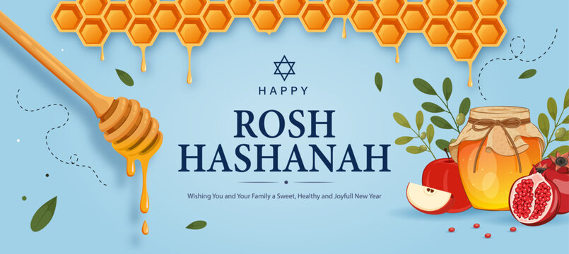 Happy Rosh Hashanah Vertical Poster with Honey Jar, Apples, Pomegranate, Flowers and Decorative Botanical Elements. Editable Vector Illustration.