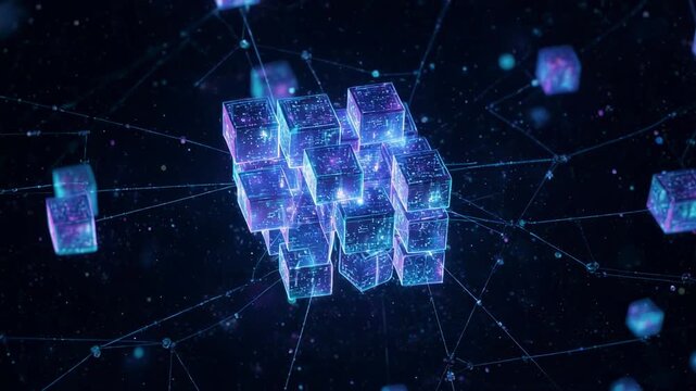 Abstract glowing cubes interconnected in digital network during futuristic data flow animation