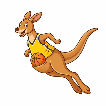 Happy brown kangaroo jumping fast while wearing a yellow jersey and carrying a round orange ball in the pouch for a competitive game of sports activity in an outdoor park during summer afternoon