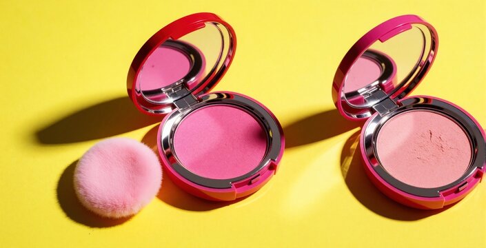 Pink, red cosmetic compact mirrors with soft powder puffs on bright yellow background. Two open makeup containers with blush powder for face. Trendy beauty products for feminine grooming, daily skin
