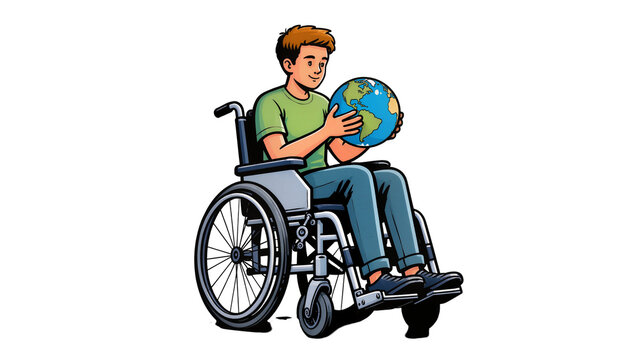 Isolated young man in wheelchair holding planet Earth, symbol of environmental care and future