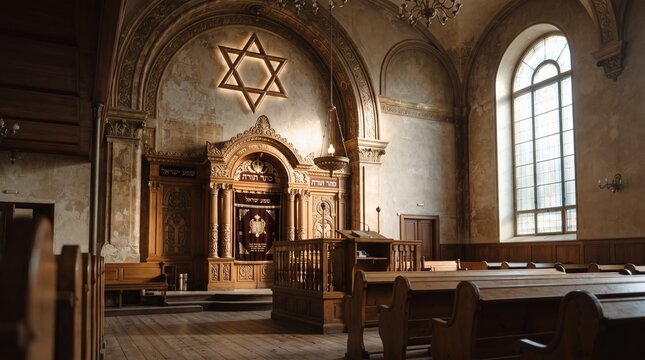 Interior view of an old historic synagogue featuring wooden pews, an ark, and a Star of David symbol illuminated by soft natural light