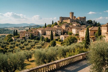 Naklejka premium Old Italian village with stone buildings and olive trees covers a hill. A castle fortress stands above the medieval town. Rolling Tuscan hills surround the scenic European countryside.