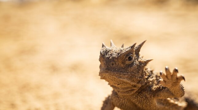 Close up of a horned lizard waving in greeting in the desert with copy space