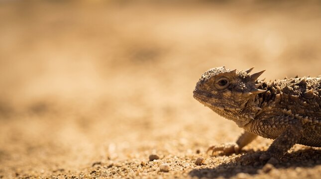 Side profile of a horned lizard resting on desert sand with copy space