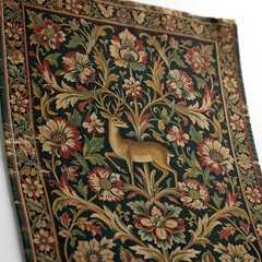 Naklejka premium Ancient woven tapestry fragment shows deer amid floral motif. Detailed rich patterns and aged textures create historical, rustic decor feel. Dark green background with red gold accents.