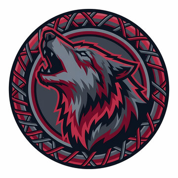 Aggressive howling wolf head emblem design featuring deep crimson and charcoal grey tones for sports team mascot branding and athletic apparel gear or bold circular gaming clan insignia fashion