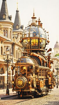 Steampunk Fantasy City Street with Elaborate Copper Train Vehicle