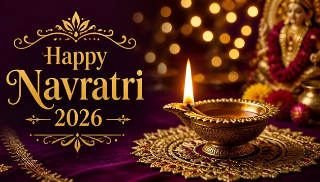  glowing diya lamp on a purple velvet fabric with golden embroidery, celebrating the festival of navratri 2026 wi