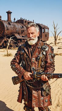 Steampunk apocalypse survivor man holding weapon with rusty train backdrop