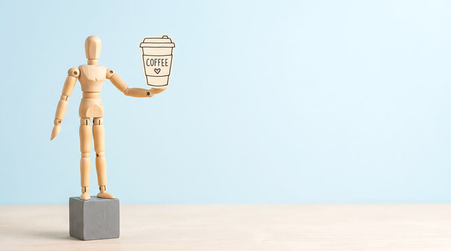 Workplace burnout and morning energy boost concept with wooden mannequin holding coffee cup illustration over copy space for wellness blog banner