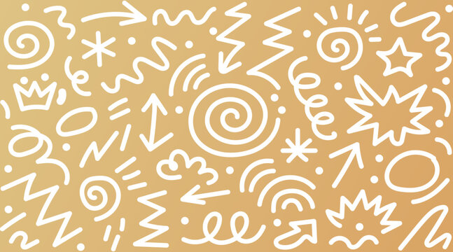 Abstract doodle pattern on gold background, hand drawn white line art background, seamless vector wallpaper with arrows and swirls