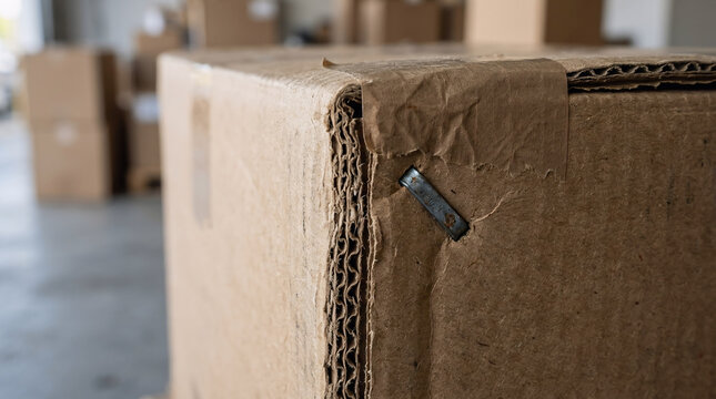 Closeup view of a metal staple securing the corner of a cardboard box