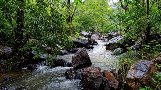 Rocky stream water flowing rapidly through a dense green forest