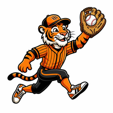 Energetic Tiger Mascot Wearing Sport Uniform Running Fast While Catching A Baseball With Leather Glove During Competitive Match Representing Team Spirit Athletics And Professional Training