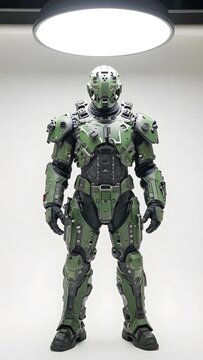 Futuristic Green Sci-Fi Combat Exosuit Armor in Studio Lighting