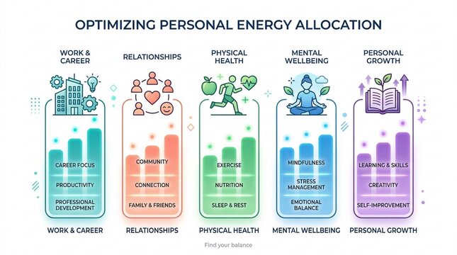 Infographic showing five pillars of life balance work relationships health and growth