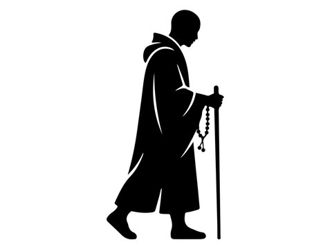 Walking Buddhist Monk Vector, Spiritual Pilgrim and Rosary Beads Graphic