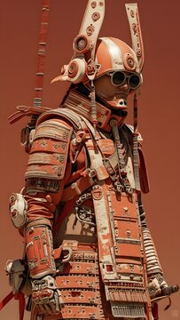 Futuristic samurai warrior in orange armor wearing round sunglasses standing