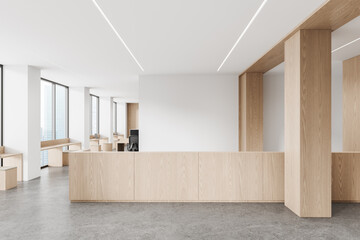 Naklejka premium Modern minimalist office interior with light wood reception desk, open workspace, architectural columns, and expansive windows for contemporary design. 3D Rendering