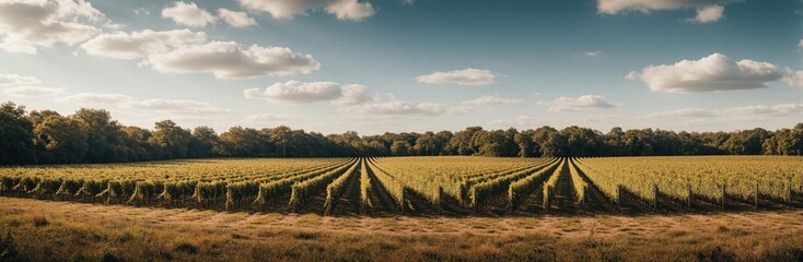 Naklejka premium Vast vineyard rows stretch towards distant trees under a bright sky with clouds. Green grape plants fill the agricultural field during sunny daytime. Rural landscape offers scenic beauty.