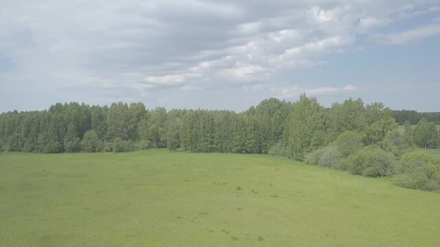 Aerial commute over dirt road through open grassland. Sparse trees line route as view glides forward under bright clouds, giving calm rural travel context with no vehicles or people