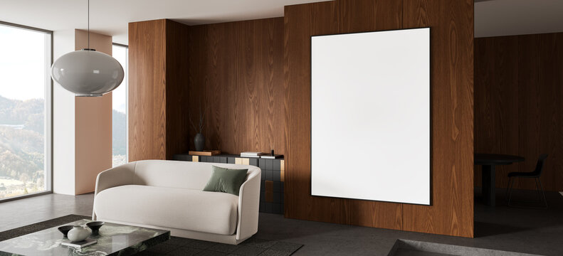 Contemporary wood-paneled living room interior with curved sofa, pendant lamp, marble table, and blank wall artwork display. 3D Rendering