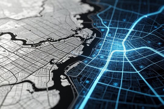 Abstract city map visualizes smart city grid data. Digital infrastructure, urban networks, and spatial intelligence glow with futuristic blue lines. Shows connected data flow.