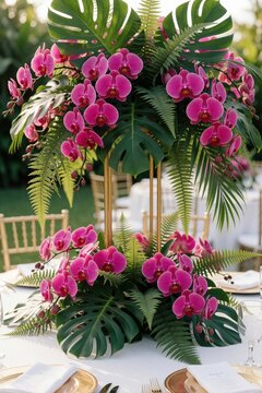 Pink orchids and green monstera leaves form a tropical centerpiece on a white table. Ferns add texture to the floral arrangement. Gold chairs and place settings suggest a luxurious event.