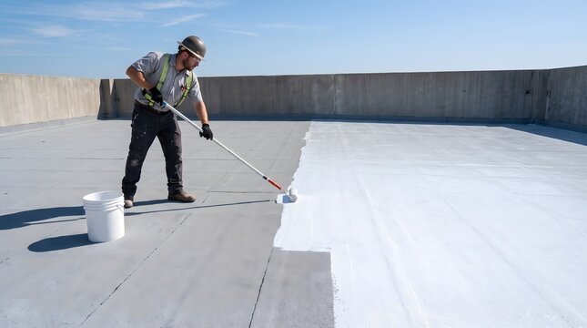 Roofer applies white reflective coating across a flat roof with a long-handled roller, illustrating cool-roof installation, heat reduction and energy-efficient building maintenance.