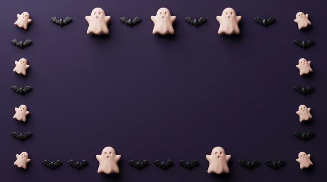 Halloween frame border made of white ghost figurines and black bats on a dark purple background, for seasonal holiday invitations