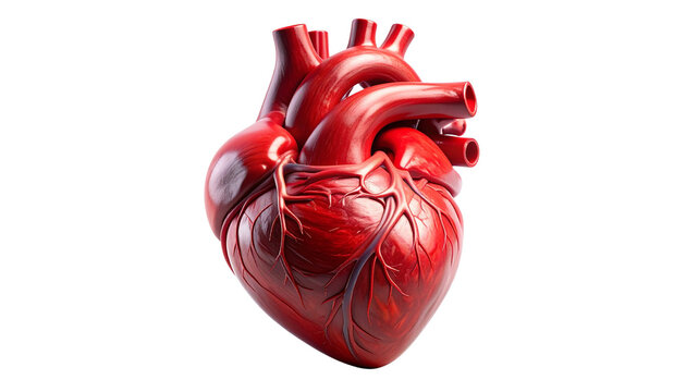 An anatomically detailed 3D rendering of a healthy human heart, arteries, and veins, rich red muscular tissue tones, isolated on transparent background.
