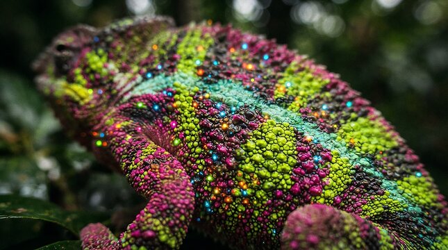 Chameleon with vibrant multicolored scales and sparkles for fantasy and magical creature themes.