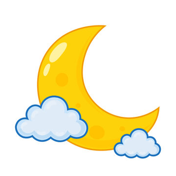 Cartoon Crescent Moon with Fluffy Clouds Vector Illustration