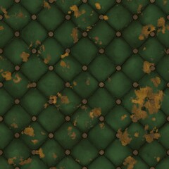 Obraz premium Distressed dark green quilted leather upholstery texture with rust stains damaged upholstery dirty leather worn texture aged leather stained surface tufted texture background material