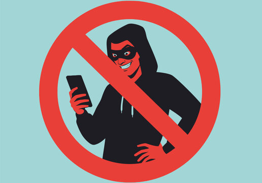 A red prohibition sign over a masked hacker holding a smartphone, symbolizing protection against cybercrime, online threats, and unauthorized access.